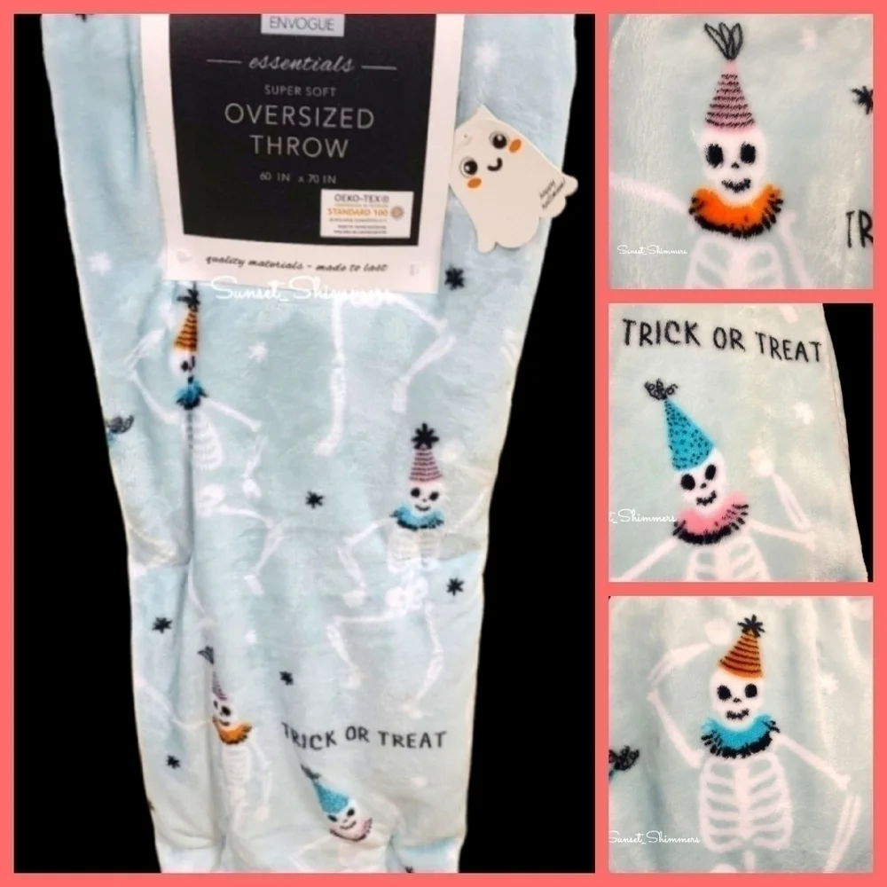 ENVOUGE Pastel Halloween SKELETON w PARTY HATS Throw Blanket Decor TikTok New